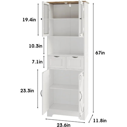 67" Tall Bathroom Storage Cabinet, Freestanding Linen Cabinet with Glass Doors & Drawer, Large Bathroom Pantry