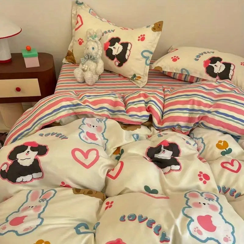 Kawaii Bedding Set for Kids Ins Twin Queen Size Duvet Cover Flat Sheet Pillowcase No Filler Girls Boys Home Totel Bed Linens