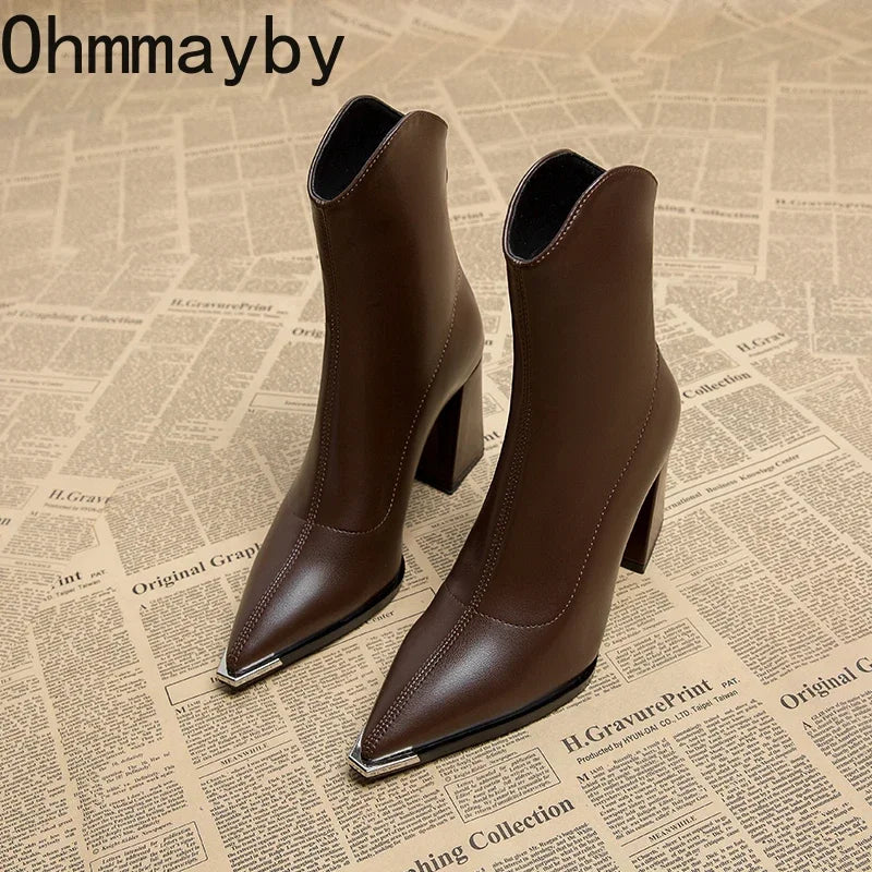 Designer Pointed Toe Women Modern Ankle Boots Square High Heels Short Booties Concise Office Lady Shoes