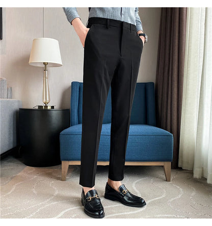 9 Color Summer Fashion Mens Suit Pants Pure Color Business Formal Pants Slim Fit Office Mens Wedding Social Ankle Long Trousers