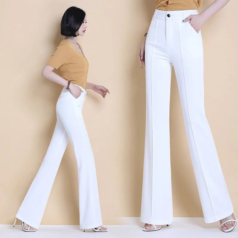 White Suit Flare Pants Women Casual Slim High Waist Office Straight Pantalones New Korean Elegant Formal Spodnie Black Trousers