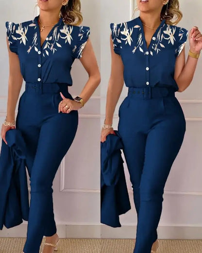 Womens Two Piece Sets Outfit Geometric Print Flutter Sleeve Top & Pants Set with Belt New Fashion 2023 Summer Casua Suit