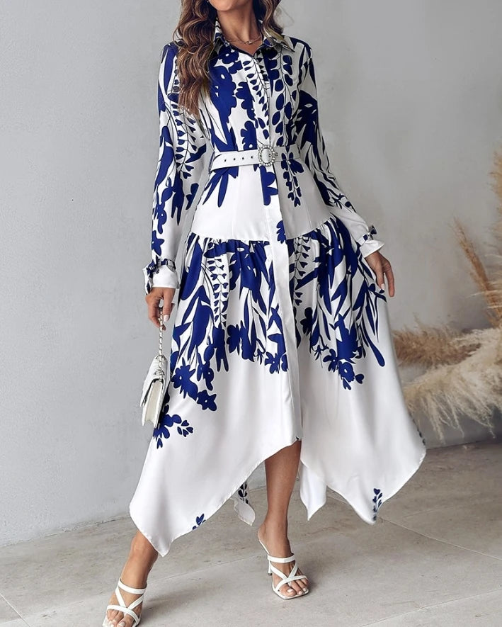 2024 Women Dress Allover Print Turn Down Collar with Belts Long Sleeves Button Plants Print Tied Detail Ruched Maxi Shirt Dress