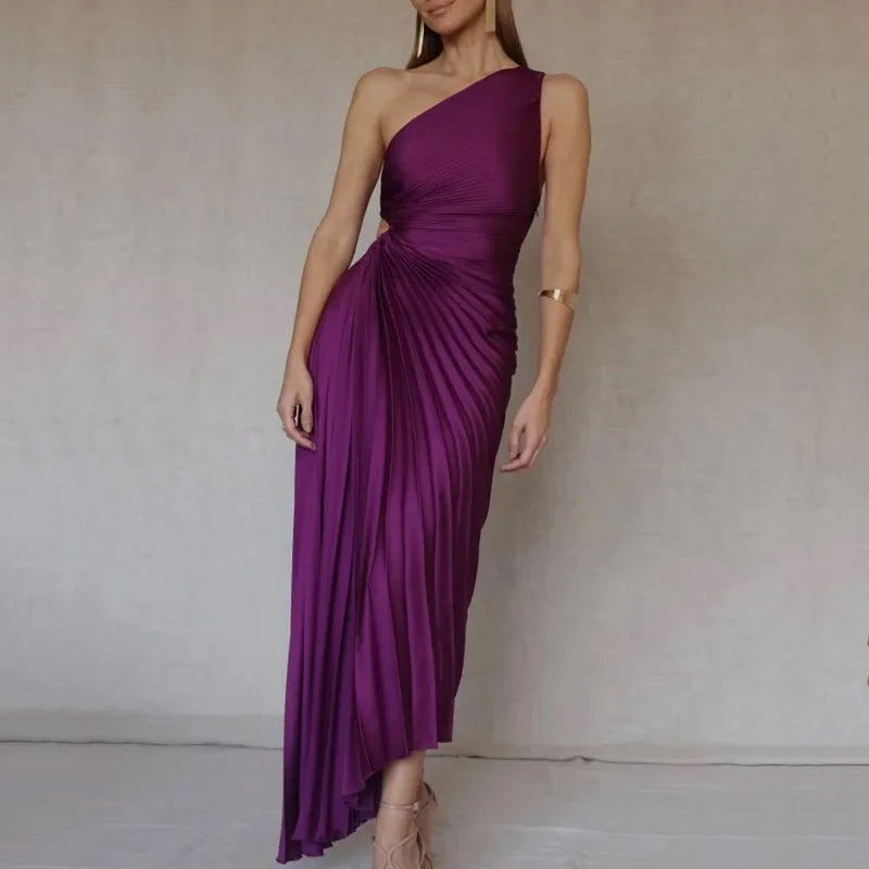 Elegant Women Ruffled Pleated Diagonal Collar Maxi Dress Evening Dress Spring Summer Backless Sleeveless Irregular Party Dresses