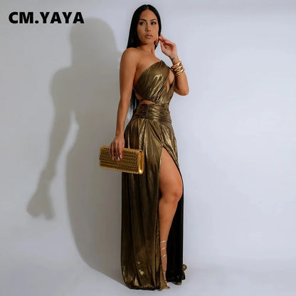 CM.YAYA Women Sleeveless Backless High Waist Birthday Long Maxi Dress 2024 Autumn Street Sexy Party Split Dresses Vestidos