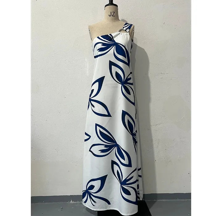 Summer Dress for Women 2024 New Slant Neck Fashion Printed Open Back Casual Dresses Sleeveless Long Skirt Female Streetwear