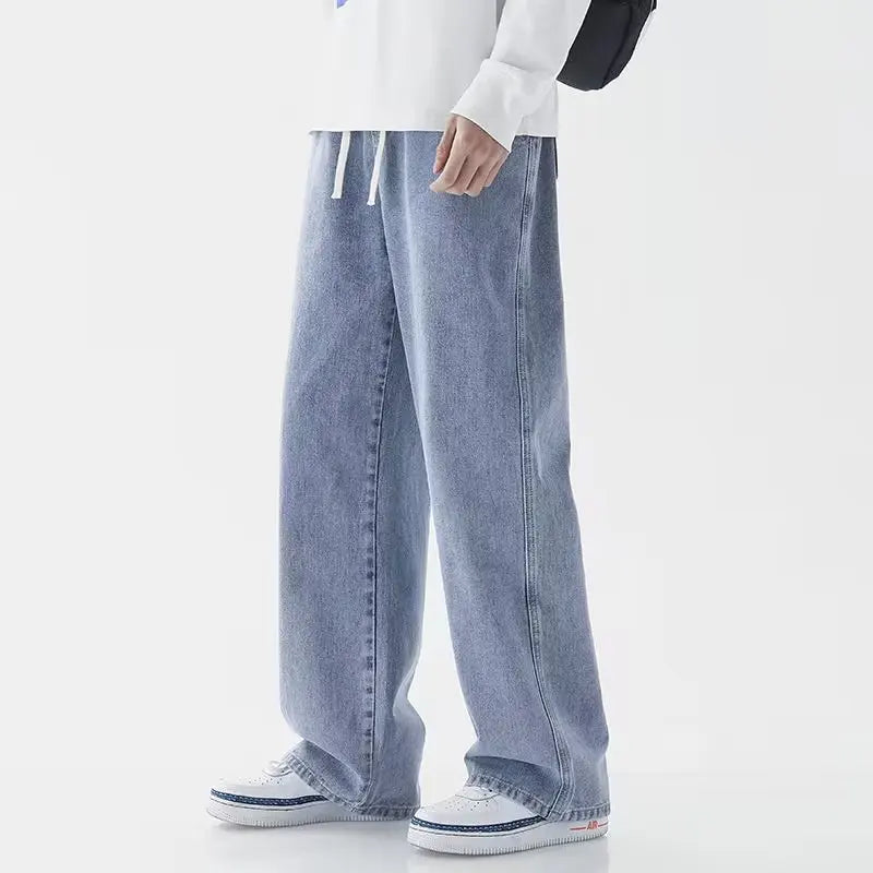 2023 New Korean Fashion Men's Casual Ankle-Length Jeans Classic Man Straight Denim Wide-leg Pants Light Blue Grey Black 3XL