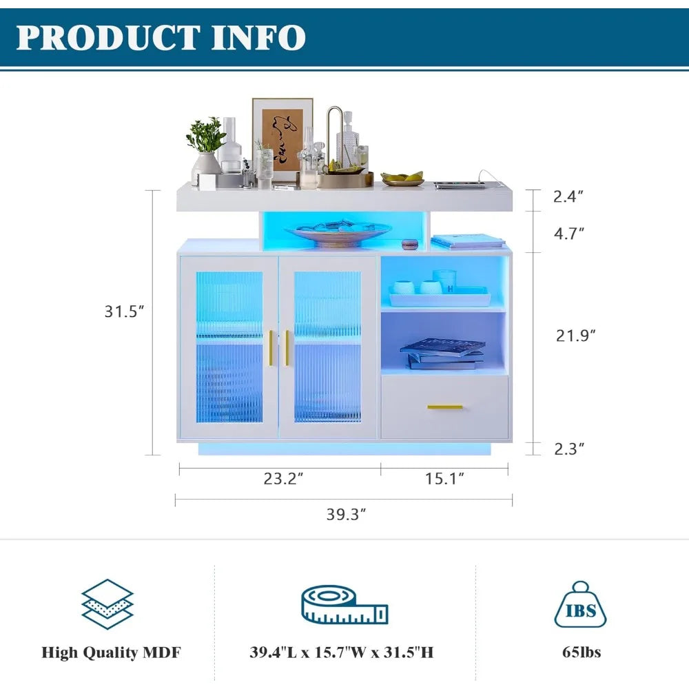 39.4" Modern LED Sideboard Buffet Cabinet with Charging Station, High Glossy Cupboard with Motion Sensor Light, Sideboards