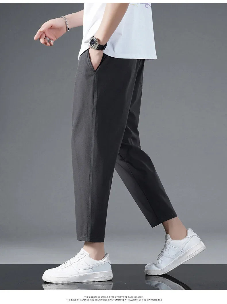 125KG Big Size Summer Ice Silk Crop Pants Men's Elastic Casual Edition Trendy Loose and Quick Drying Sports Large Crop Pants