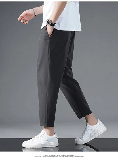 125KG Big Size Summer Ice Silk Crop Pants Men's Elastic Casual Edition Trendy Loose and Quick Drying Sports Large Crop Pants