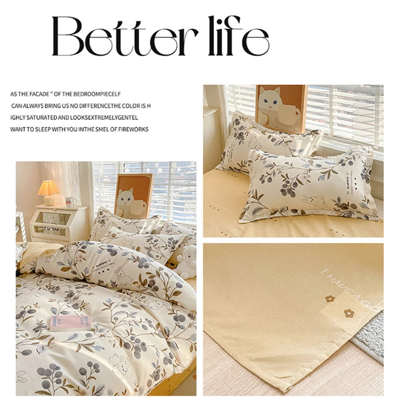 Cute Home Comforter Bedding Sets Washed Cotton Duvet Cover Flat Bed Sheet Set Twin Full Queen King Size Bed For Girls Couple