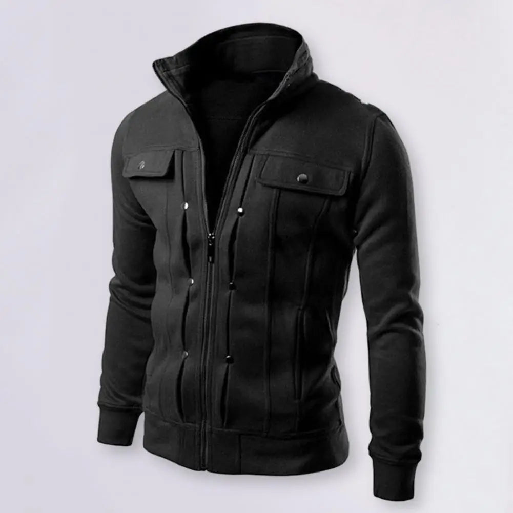 Fashionable Men Outerwear Men's Solid Color Stand Collar Jacket with Buttons Zipper Closure for Spring Autumn Long for Men