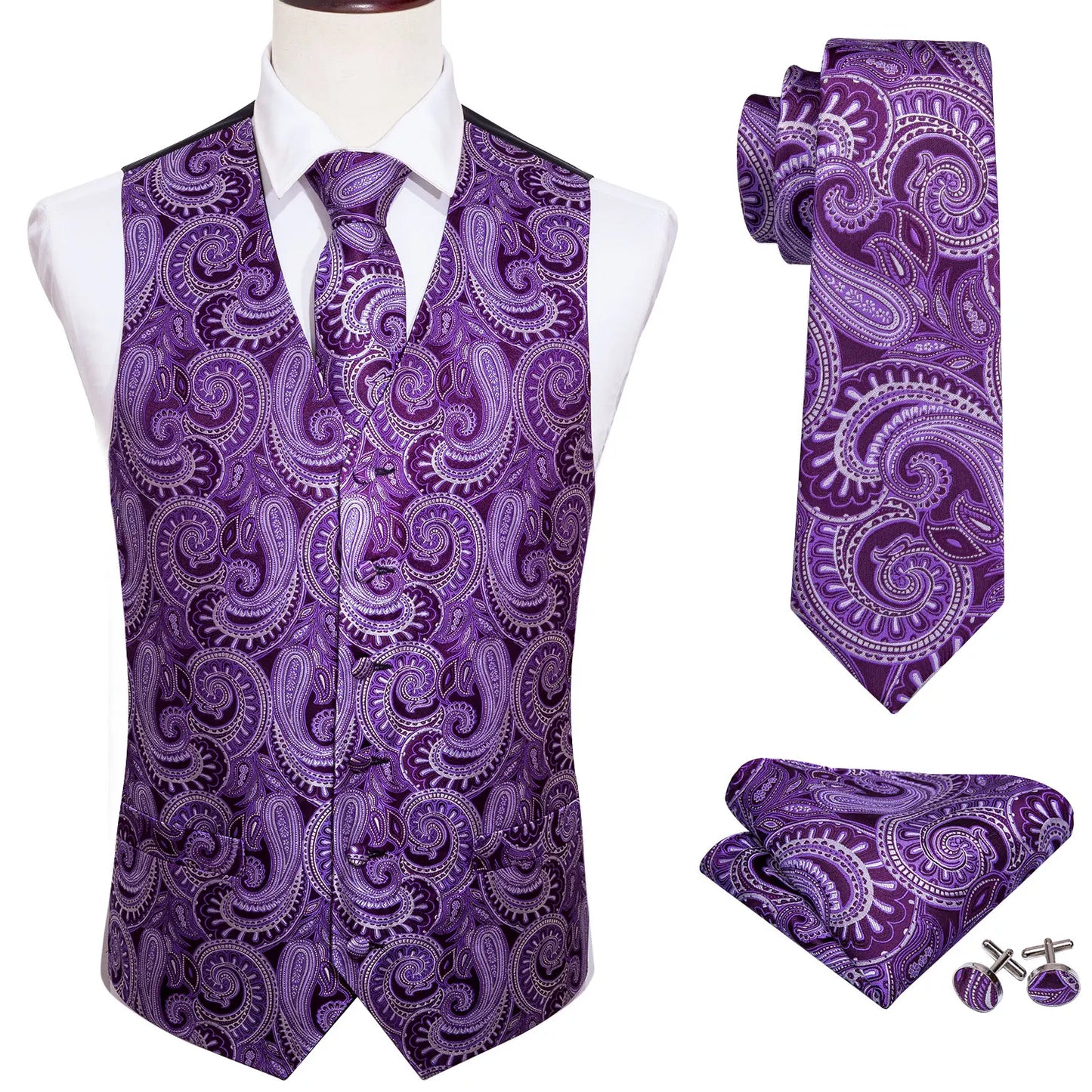 Designer Vest for Men Silk Embroidered Red Burgundy Paisley Waistcoat Tie Pocket Square Set Slim Fit Wedding Suit Barry Wang