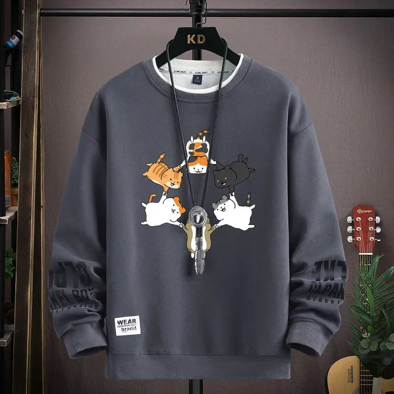 Japan Cartoon Men's Sweatshirt Hoodies Autumn Cats Printed Long Sleeve T-shirt Fashion Men's Clothing Khaki O Neck Harajuku Top