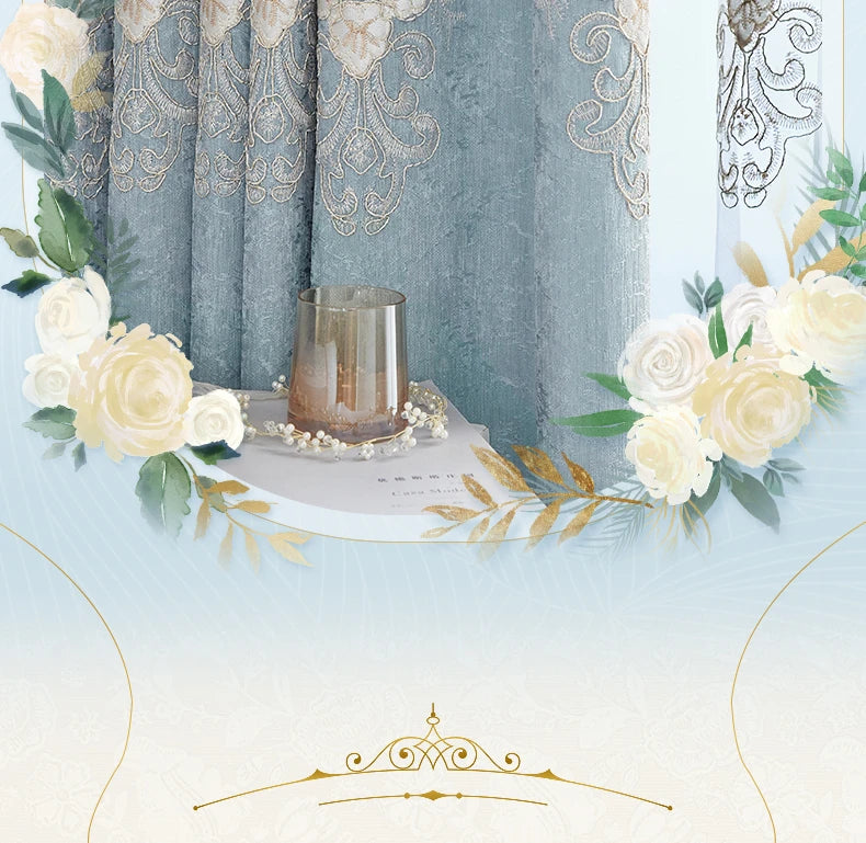 New European Style Simple light blue Thread Embroidered Curtains for Living Room Bedroom Study Blackout Curtain Customization