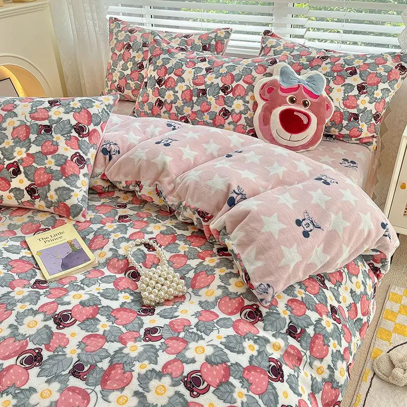 Pooh Bear Daisy Mickey Lotso Minnie cute cartoon pattern soft and warm milk velvet bed sheet and quilt cover four-piece set