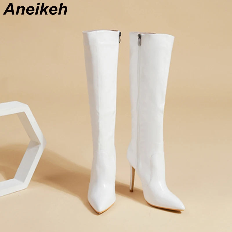 Aneikeh Women's Fashion Elegant Pointed Thin Heel Knee High Long Boots2025 Spring/Autumn PU Panel Side Zipper Boots Western35-42