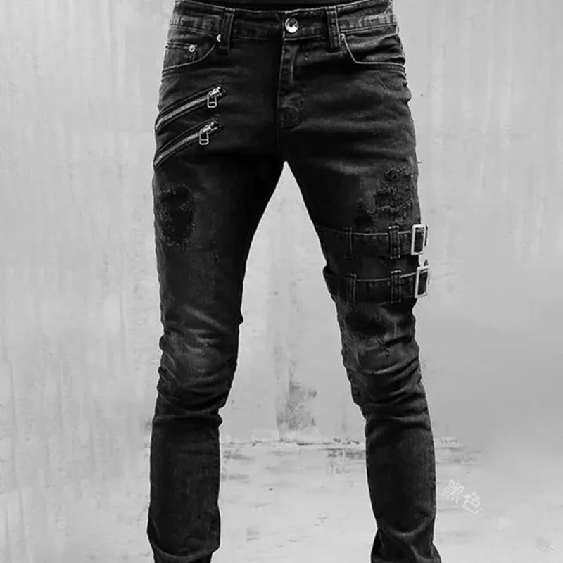 Men's Elastic Tight Jeans Fashionable And Casual Cool Pencil Pant Denim Slim Fit Pants Wear Resistant Zipper Male Trousers