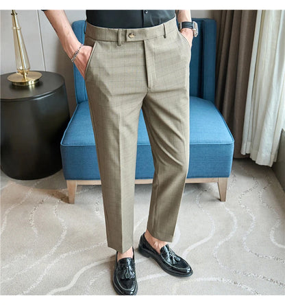 Men Plaid Suit Pants 2024 Autumn Item Solid Casual Dress Pants Elastic Slim Fit Formal Trousers Men Clothing pantalones hombre