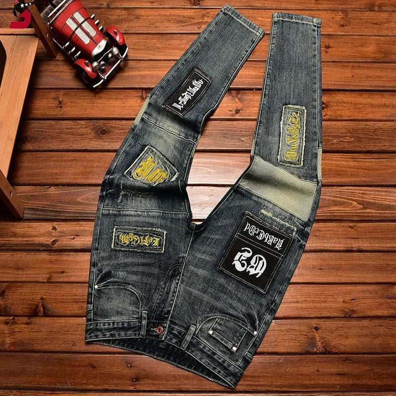 High-End Jeans Men's Autumn/Winter Trendy Ripped-Patchy Embroidery Slim Fit Stretchy Long Pants Casual Style Other Scene