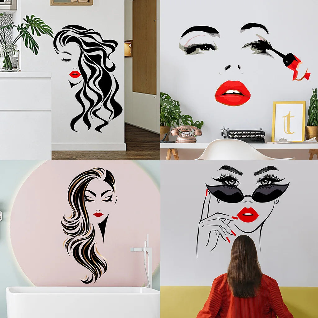 Beauty Female Face Wall Sticker Decal Beauty Studio Wallpaper Cosmetic Makeup Wall Art Sticker Mural Removable Salon Decoration