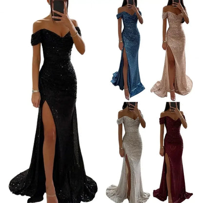 Summer Dress SkinnySequin Pleated Split Maxi Bodycon Dress Slim Fit Off Shoulder Evening Party Prom Dress Birthday Clubwear