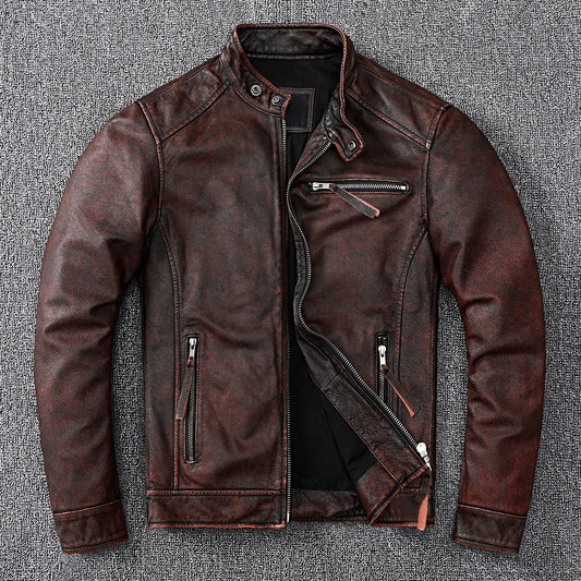 Vintage Brown Coat Classic Biker Style Short Slim Genuine Leather Jacket Men Casual Leather Coat Asian Size 6XL Autumn Wholesale