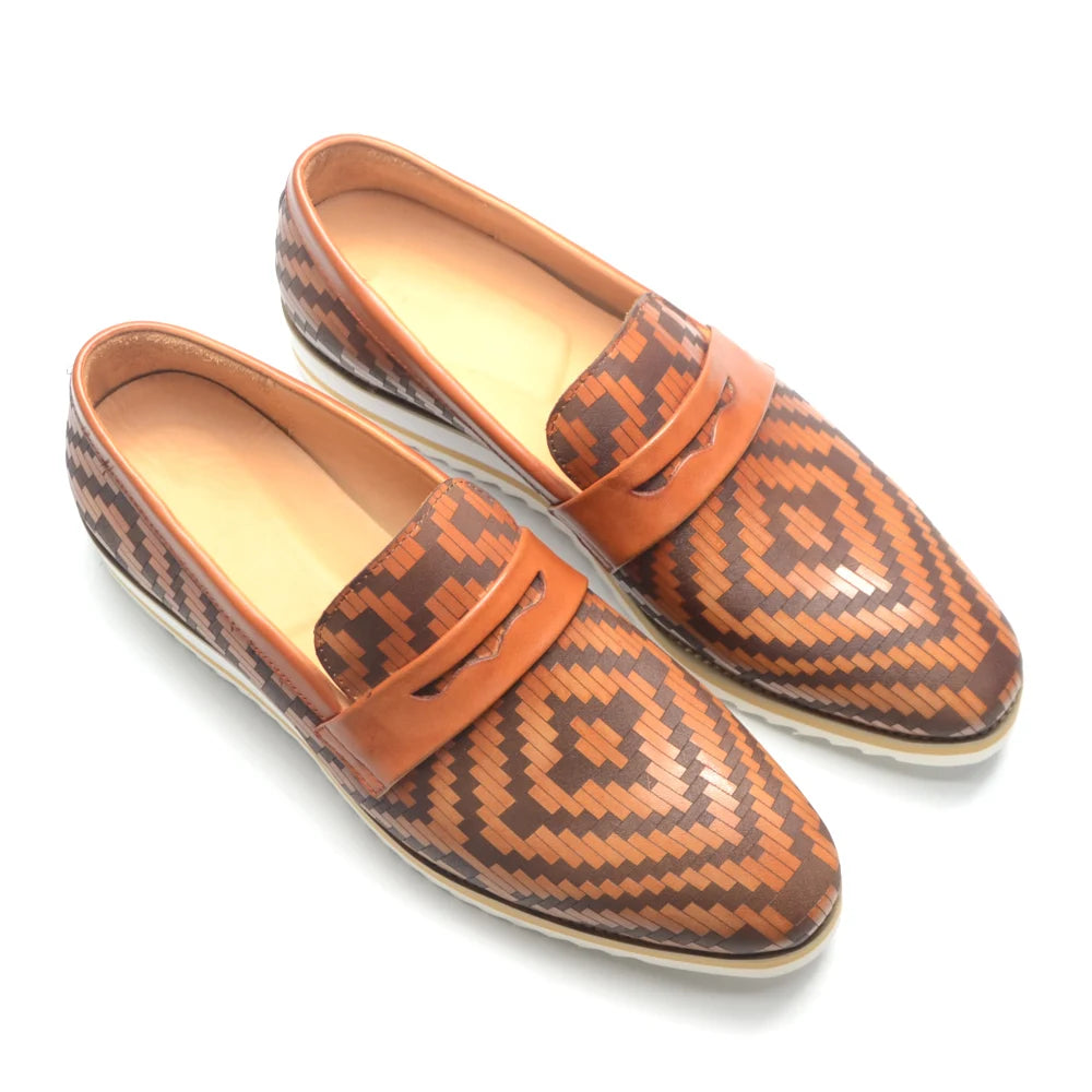 Fashion Mens Sneakers Penny Loafers Genuine Leather Woven Pattern Brown Black Casual Shoes Size 38 To 46 Mocassins Hommes