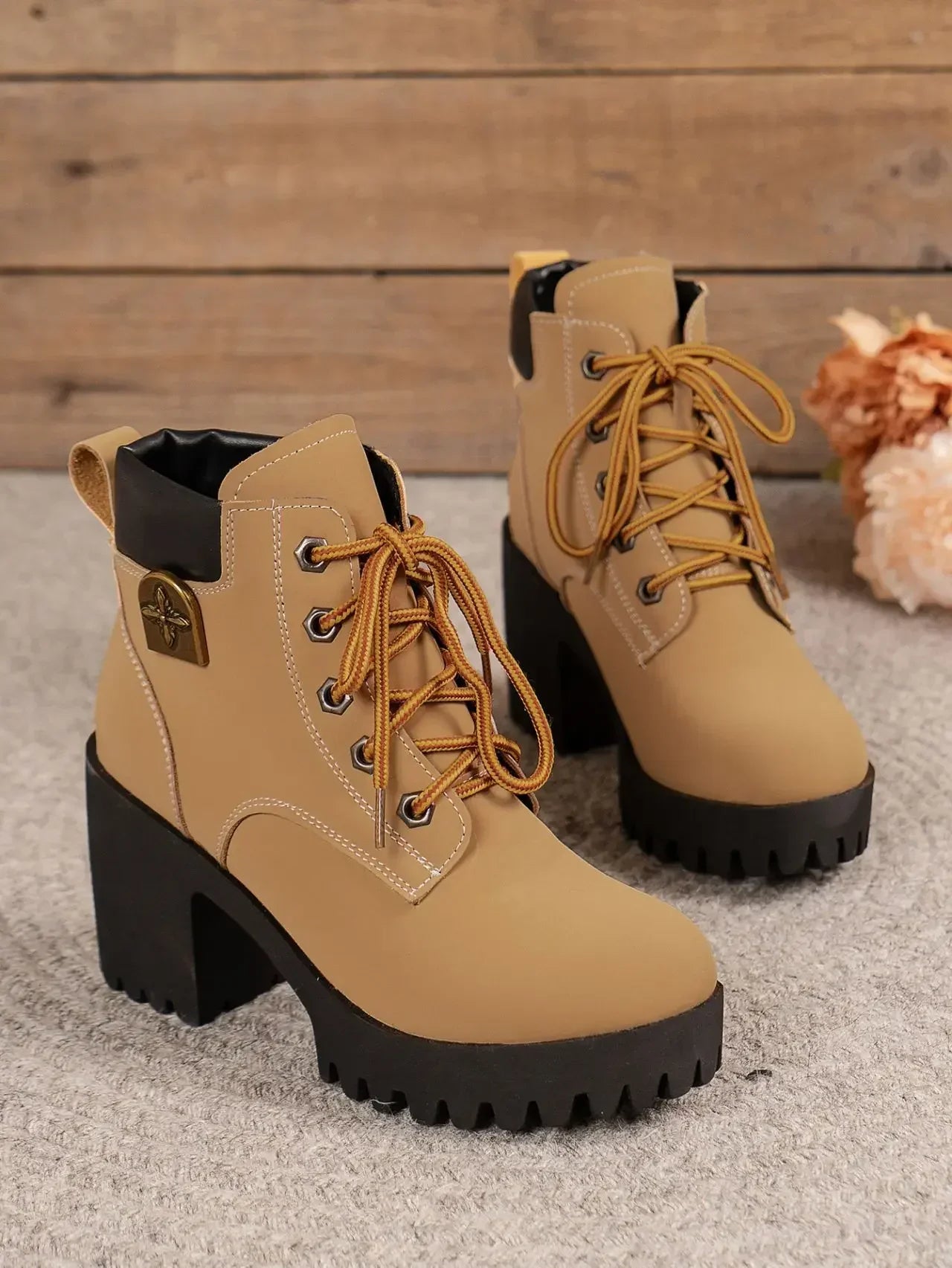 Women Retro Round Toe Chunky Heels Ankle Boots Autumn New High Heels Shoes Woman Lace Up Platform Short Booties Big Size 42