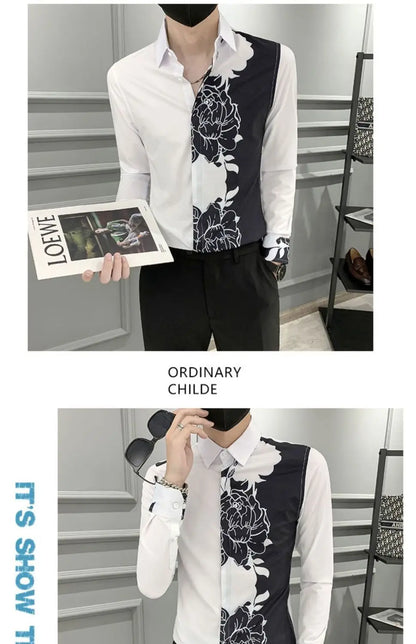 Spring Autumn New Blouse Men's Turn-down Collar Floral Printing Single Breasted Long Sleeve Shirt Fashion Casual Men's Clothing