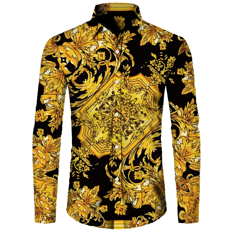 Golden Flower Pattern Print Men's Shirts Casual Single-Breasted Cardigan Long Sleeve Shirt Fashion Trend Tops Men Clothing