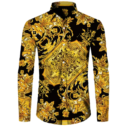 Golden Flower Pattern Print Men's Shirts Casual Single-Breasted Cardigan Long Sleeve Shirt Fashion Trend Tops Men Clothing