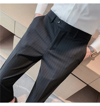 Men Boutique Black Striped Suits Pants Male Formal Wear Wedding Dress Trousers Quality British Style Business Casual Suit Pants