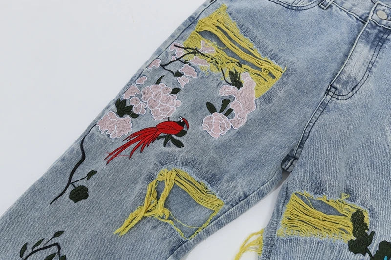 Chinese Painting Embroidered Patch Denim Ripped Jeans for Men Streetwear Washed Destroyed Pleated Straight Jean Male Tassels