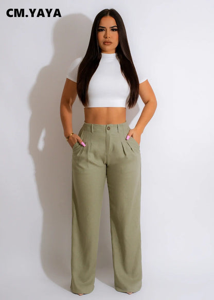 CM.YAYA Fashion Women Straight Wide Leg Zipper Fly Draped High Waist Tailored Trousers 2023 Summer OL Work Street Pants