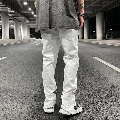 Mens Hole Ripped White Ankle Zipper Button Jeans Pants Straight Pockets Solid Color High Street Retro Loose Denim Trousers