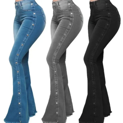 Mid Waisted Stretch Flare Jeans Women Denim Pants Wide Leg Butt-lifted Casual Korean Style Skinny Bell Bottom Pocket Trousers