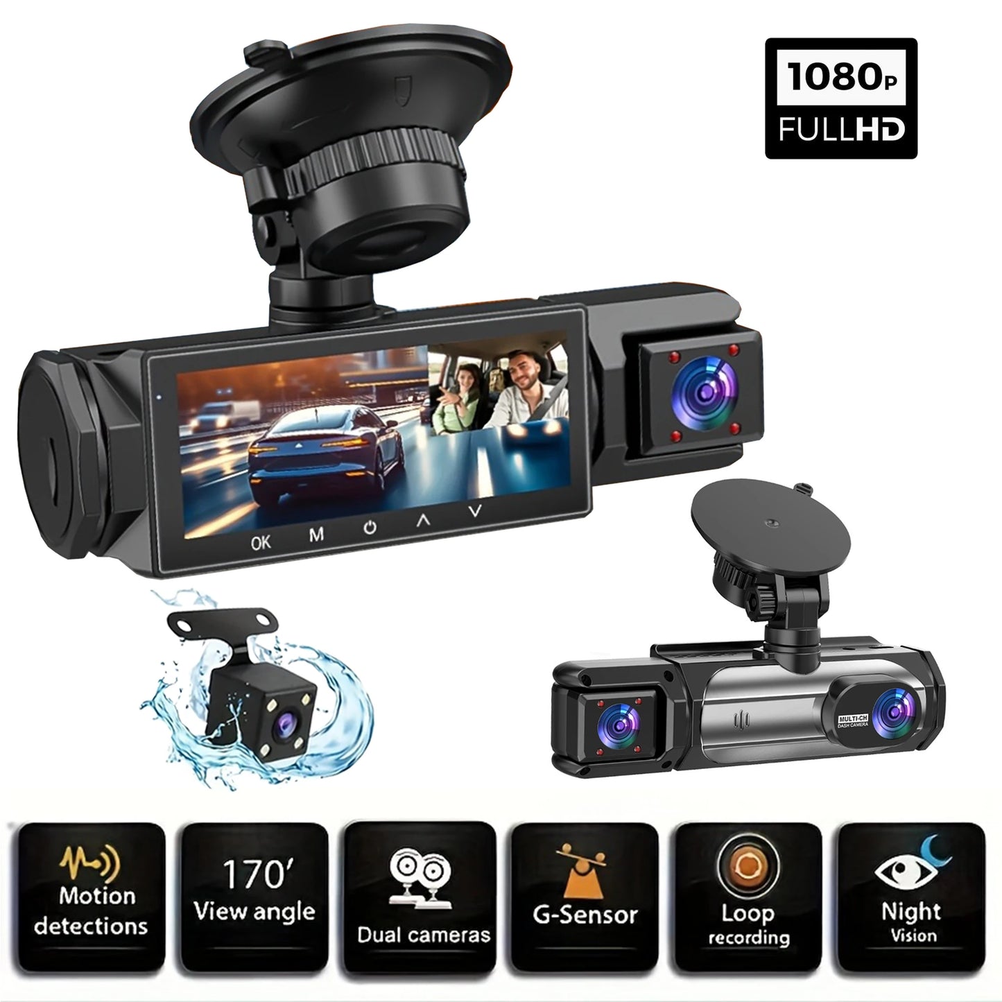 3 caméras Dash Cam 1080P caméra de recul avant et arrière Vision nocturne moniteur de stationnement voiture DVR 3 voies enregistreur vidéo de voiture avec cadeau