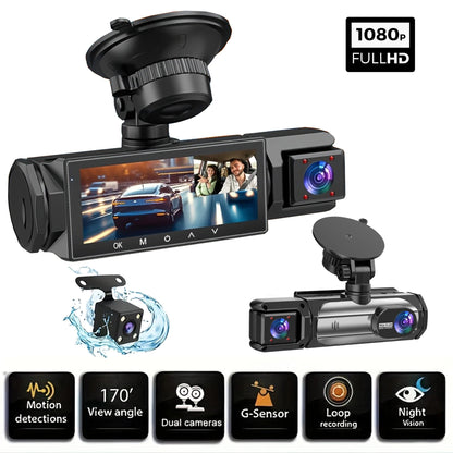 3 caméras Dash Cam 1080P caméra de recul avant et arrière Vision nocturne moniteur de stationnement voiture DVR 3 voies enregistreur vidéo de voiture avec cadeau