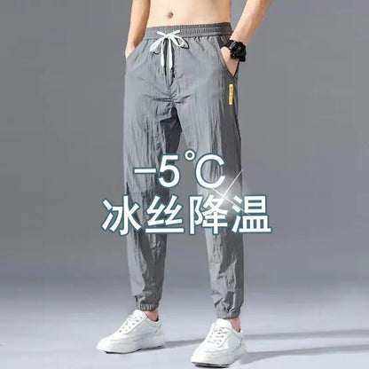 Spring Summer Men Cotton Hemp Ice Silk Pants Streetwear Fashion Male Basic Elastic Waist Loose Sports Straight Casual Trousers