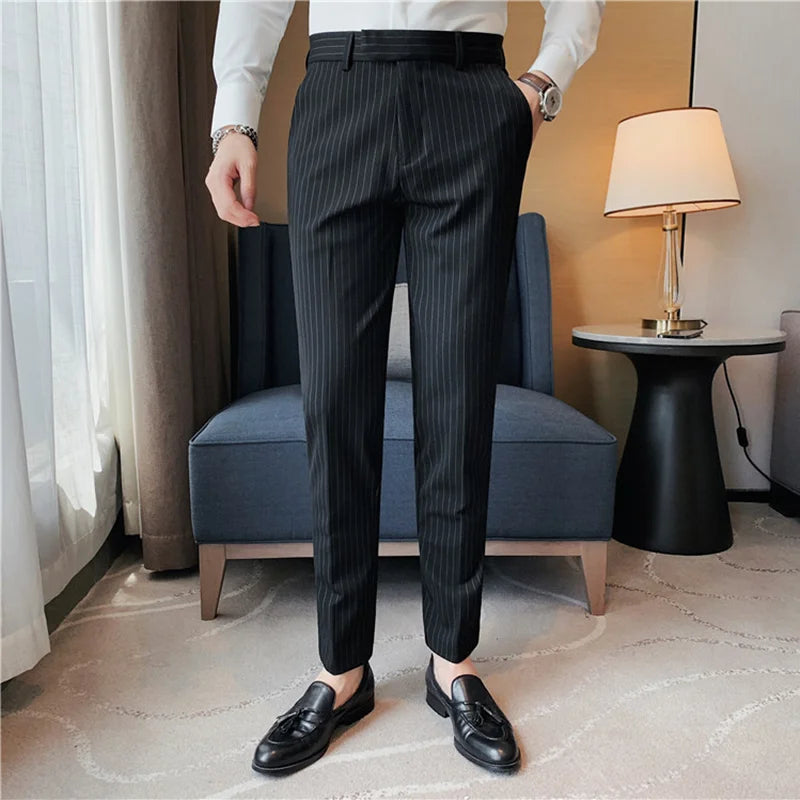 British Style Striped Slim Fit Suit Pant Men Business Casual Simple Dress Pants High Quality Social Wedding Party Trousers 38-28