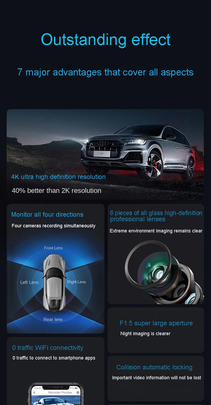 Caméra de tableau de bord cachée à 4 canaux, avec application 4K HD, Vision nocturne, moniteur de stationnement 24/7, capteur G, enregistrement en boucle, détection de mouvement, boîte noire WDR