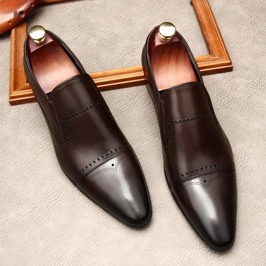 Luxury Mens Derby Dress Shoes Brand Genuine Leather New Designer Handmade Slip on Pointed Toe Man Wedding Business Loafers Shoes