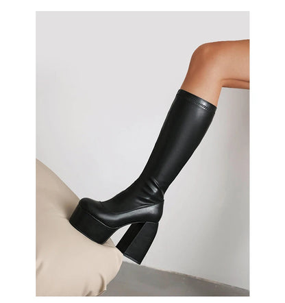 2024 Plus Size Ultra High Contoured Thick Heel Side Zipper Women's Knee Length Boots High Waterproof Platform Fashion Show Boots