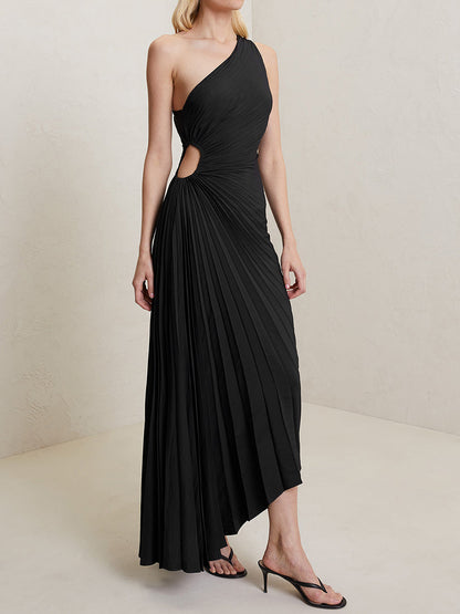 Women Elegant Long Dress Summer Sleeveless One-shoulder Pleated Hollowed Irregular Dress for Cocktail Party Beach Sundress Y2K