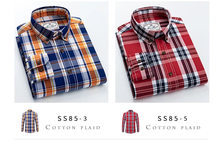 Men's Plaid Checkered Long Sleeve Shirts Contrast Color No Pocket Comfortable 100% Cotton Casual Standard Fit Button Down Shirt