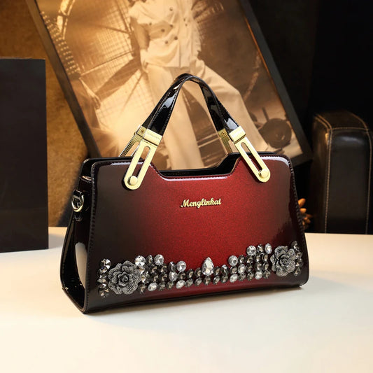 2023 new fashion large-capacity middle-aged mother bag bright leather bag atmospheric high-grade embroidered diamond messenger h