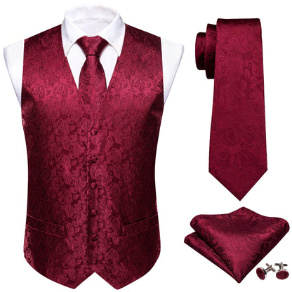 Designer Vest for Men Silk Embroidered Red Burgundy Paisley Waistcoat Tie Pocket Square Set Slim Fit Wedding Suit Barry Wang