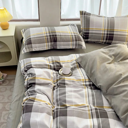 3pcs Gray Plaid Duvet Cover Set with 2 Pillowcases Bedding Sets for Hotel Bedroom Fashion Soft Simple Quilt Cover Pillowcase