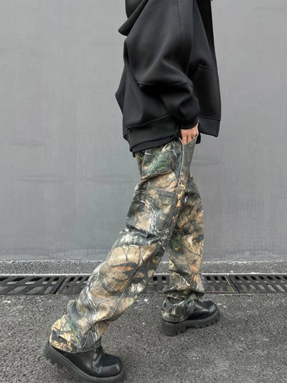 American tree patterned camouflage jeans for men ins loose Harajuku straight tube printed trendy men and women hip-hop pants